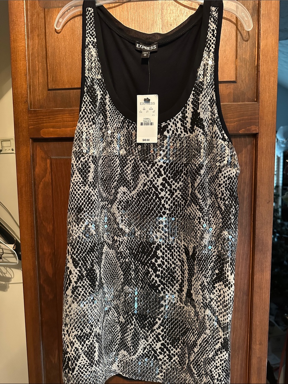 Express Black & White Snake Print Sequin Tank